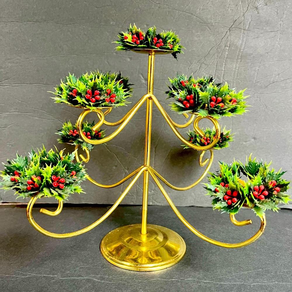 VTG Candelabra Christmas Tree Brass Plastic Holly MCM Candle Holder Centerpiece